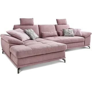 Cavadore L-Form-Sofa Castiel mit Federkern / Großes Schlafsofa in L-Form mit Bettkasten, Sitztiefenverstellung, Kopfstützen und XL-Longchair / 312 x 114 x 173 / Webstoff, Flieder-Rosa