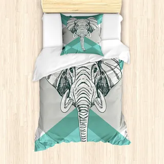 ABAKUHAUS Elefant Mantele, Minimalist Boho Elefant, Milbensicher Allergiker geeignet mit Kissenbezügen, 135 cm x 200 cm - 80 x 80 cm, Teal Grau - Grau