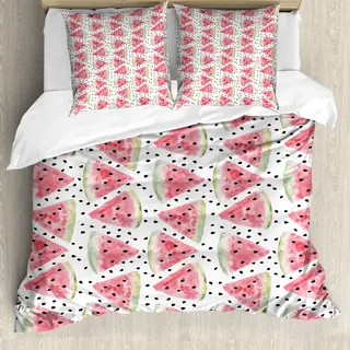 ABAKUHAUS Aquarell Bettbezug, Stücke von Wassermelone, Milbensicher Allergiker geeignet mit Kissenbezügen, 155 cm x 220 cm - 80 x 80 cm, Coral Hellgrün Schwarz - Schwarz