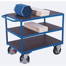 Schwerlast-Tischwagen, Stahl/Siebdruckplatte, Enzianblau/Dunkelbraun, 3 Etagen, L 1995 x B 800 mm, Vollgummi-Rollen mit EasySTOP, bis 1000 kg