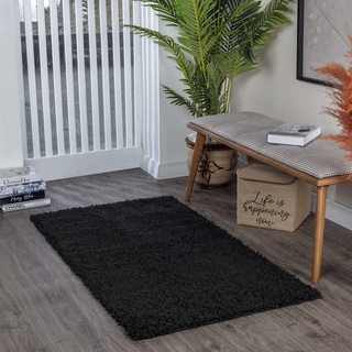 Surya Home Shaggy Berber Teppich Läufer - Flauschiger Teppich für Wohnzimmer, Schlafzimmer, Berber Langflor Hochflor Teppich Weiss flauschig - Teppich Läufer 80x150 cm Läufer Flur in Schwarz