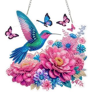 NEWENMO 5D Süße Kolibris Diamond Painting Anhänger Set,Blumen Diamond Painting Fensterbilder Anhänger,DIY Diamant Crystal Art Kits mit Kette,für Fenster,Wände,Türöffnungen und Gartendekoration
