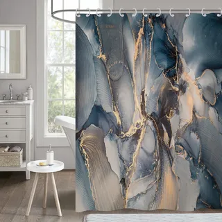 Hnmdmyi Duschvorhang Marmor 180x200, Abstrakt Marineblau Grau Gold Glitzer Badewanne Vorhang Modern Luxus Ombre Kristall Textur Tinte Kunst Wasserdicht Polyester Stoff Waschbar Badevorhang mit Haken