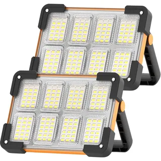 LED Akku Strahler, Solar Arbeitsleuchte Tragbare, 2 Stück | LED Baustrahler Akku, Dimmbar, 4 Modi, USB Campinglampe, Wiederaufladbare, PowerBank, Für Werkstatt, Outdoor, Garage, Notfall