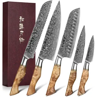 HEZHEN Messerset, 5 Teile, Damaszener Santoku Stahl - Gelb, Dunkelbraun