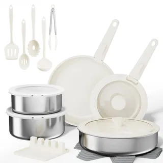 Sanho Topfset mit Abnehmbarer Griff, 21 Teilig Antihaft Keramik Pfannenset | Induktion Edelstahl Kochtopf Set mit Deckel, PTFE/PFAS/PFOA frei, Backofen&Spülmaschinenfes, Ideal für Zuhause,Camping