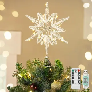 Luxspire Weihnachtsbaumspitze, beleuchtet Stern Baumspitze mit USB Plug-in&Fernbedienung, 9,8" LED Metall Dekorationen Licht, Xmas Baum Vintage Modern Ornament für Home Party, Crystal Hexagram-Silver