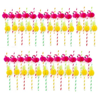 JZK 50 Stück Bunte Ananas Flamingo Hawaii Party Strohhalme biologisch abbaufähige Einweg-Trinkhalme für Tropische Party und Luau-Zubehör Dekorationen