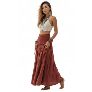 Thaluta Maxi-Boho-Rock, Lange Taschen, Baumwolle, Hippie, Bohemian-Stil, elastische Taille, Rock, Rost, Einheitsgröße