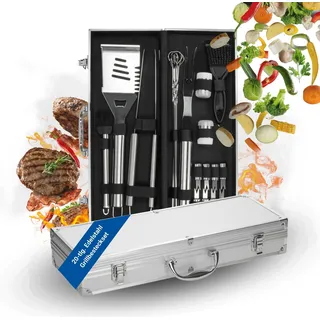 Grillbesteck Set 'Deluxe' - 20-tlg. Grillzubehör aus Edelstahl inkl. Koffer - Grill Zubehör für Männer - Silber - Silber