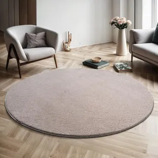 Mia's Teppiche Comfort Moderner Flauschiger Kurzflor Teppich, Anti-Rutsch Unterseite, Waschbar bis 30 Grad, Super Soft, Felloptik, Sand, 160 cm Rund