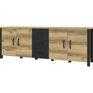 Furniture24 Sideboard OLIN 25 Kommode 220 cm breit mit 4 Türen 3 Schubladen Grand Eiche natur/Schwarz matt, 220x79x48 cm