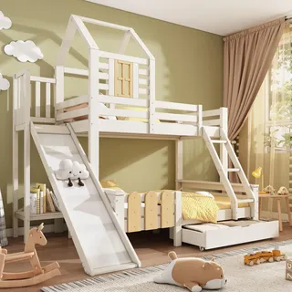 Sweiko Etagenbett Bett 90x200 & 140x200 cm, Hausbett mit Schublade Rutsche und Leiter, Kinderbett Hochbett mit Lattenrost, Blockhaus-Design, EN747-1:2024 Sicherheit(Ohne Matratze)