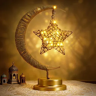 Lewondr Ramadan-Mondlampe mit Rattanstern, Mondlampe für Nachttische, Batteriebetriebene Ramadan-Schreibtischlampen-Dekoration, Halbmond-Tischlampe Nachttischlampen für Schreibtisch Kinderzimmer-Dekor
