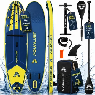 Aqualust SUP Board Set Paddel aufblasbar Standup Paddle Stand Up Paddling | 320×82×15cm, 150 kg Traglast, Blau, Boardset mit Pumpe, Finne, Leash und Rucksack