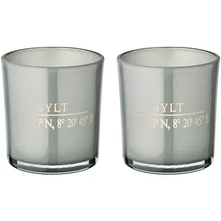 EDZARD 2er-Set Teelichtgläser Sylt (Höhe 8 cm, Ø 7,5 cm) in Grau | Windlicht mit Sylt-Koordinaten – Dekorative Geschenkidee für Sylt-Liebhaber