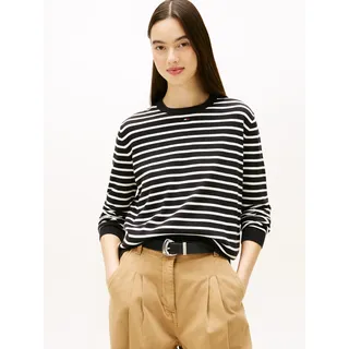 Strickpullover TOMMY JEANS "TJW ESSENTIAL CREW SWEATER EXT", Damen, Gr. L (40), schwarz, ecru stripe, Feinstrick, Obermaterial: 100% Baumwolle, gestreift, regular fit normal, Rundhals, Rippstrickbündchen, Pullover Strickpullover
