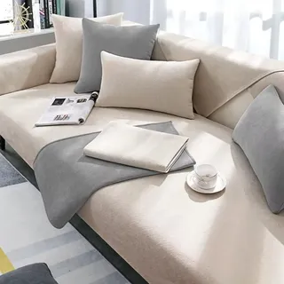 Edumov Sofa Überzug, Sofaschoner Rutschfester - Sofabezug Couchschoner L Form Ecksofa- Couch Überzug 2 3 4 Sitzer - Sofa Cover Überwurfdecke - Weiche Sofadecken Sitzfläche(Beige, 70x150cm)