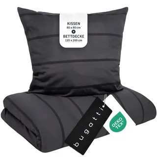 bugatti Bettwäsche 135x200 cm, 2-teilig - 100% Baumwolle, anthrazit/schwarz | hochwertiges Mako Satin Bettwäsche Set mit Reißverschluss, inkl. Kissenbezug: 80x80 cm, geprüfte Qualität, waschbar & weich