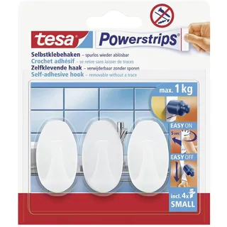 tesa Powerstrips Haken Small OVAL - Selbstklebender Wandhaken für Glas, Kacheln, Holz, Kunststoff und andere Untergründe - Weiß