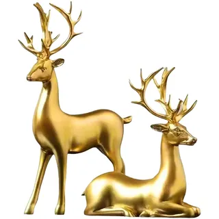 Kashyke 2 Stücks Weihnachtsdeko Rentier Figure Hirsch Elch Statuen Skulpturen Tier Figur Dekofigur Groß,Weihnachten Deko Innen Elegant Rentier Hirsch für Wohnzimmer,Küche,Tisch (Gold)