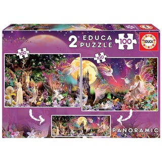 Educa Puzzle 100 Teile | Feen-Triptychon, 2 x 100 Teile Puzzleset für Kinder ab 6 Jahren, Fantasy (19291)