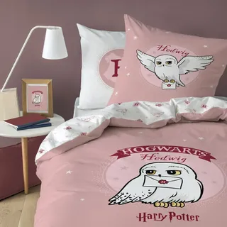 MTOnlinehandel Bettwäsche 135x200 Flanell, Biber Harry Potter Eule Hedwig, kuschelig weich für Herbst & 80x80 + Bettbezug 135x200, 100% Baumwolle, Hogwarts in Rosa