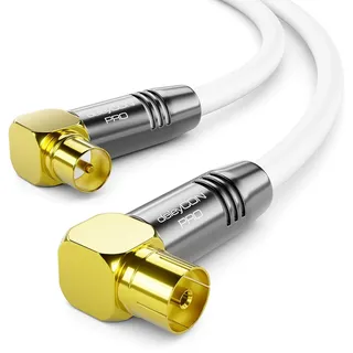 deleyCON 7,5m 4K TV Antennenkabel - 4K Ultra-HD Full HD HDTV - 2x Gewinkelt - Koaxialkabel - IEC-Stecker (90° Grad) zu IEC-Buchse (90° Grad) - Metallstecker - Weiß