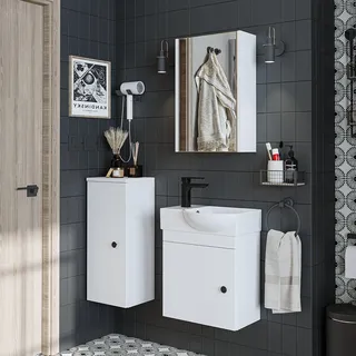 Roomart Badmöbelset - PUNTO - Unterschrank mit Waschbecken - Seitenschrank - Spiegelschrank - Badezimmer Möbel - Gäste WC - Weiß