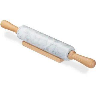 Relaxdays Nudelholz Marmor, Griffe aus Holz, Teigroller zum Kochen & Backen, mit Ablage, 48 cm, schwere Backrolle, weiß