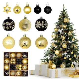HYran Weihnachtskugeln 44 Stück, Christbaumschmuck Kunststoff Schwarz Gold (Schwarz+Gold)