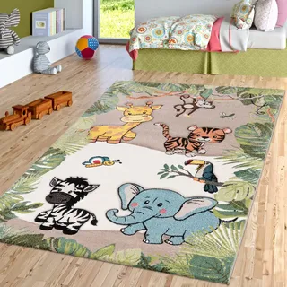 TT Home Kinderzimmer Teppich Dschungel Zoo Tiere Zebra Tiger Löwe AFFE Beige Creme, Größe:140x200 cm