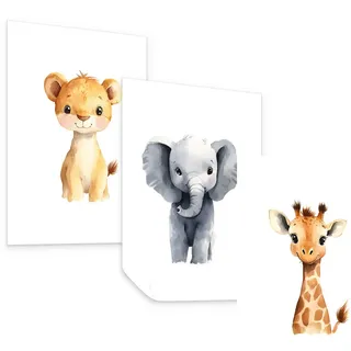 Muralo Poster SET für Kinderzimmer Wildetiere Löwe Elefant Giraffe 3x Poster A3 30x42cm , Gelb, Orange, Weiß, Grau , Papier , Tiere , Rechteckig , 30x42x1 cm , Bilder & Rahmen, Bilder, Sonstige Wandbilder