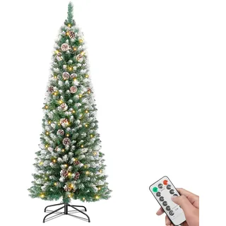 Rollingsurfer Vorbeleuchteter Kunst-Weihnachtsbaum 150CM, Bereifter Schmaler Bleistift-Weihnachtsbaum-Dekoration mit 160 Warmweißen Lichtern, 8 Beleuchtungsmodi, 400 Bereiften Spitzen, 25 Tannenzapfen