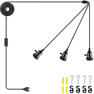 JZCDR Pendelleuchte Kit 3 Flammig Hängelampe mit Stecker und Schalter 6,3M Fassung E27 mit Kabel Schwarz Vintage DIY Hängeleuchte für Esszimmer Schlafzimmer Loft, Ohne Glühbirne