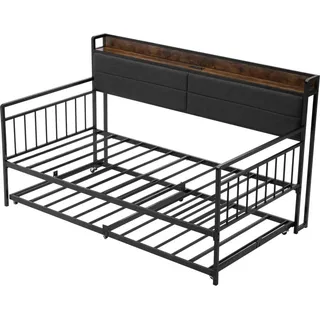 Twin-Größe Tagesbettrahmen, Ausziehbares Tagesbett Sofabett, Plattformbett mit Ladestation & Metall-Lattenrost für Wohnzimmer Schlafzimmer Gästezimmer, Schwarz