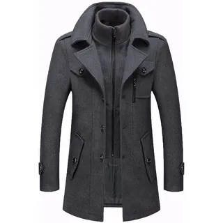 Männer Warmer Wollmantel, abnehmbare Doppelkragen Erbsen-Mäntel Casual Winter Business Slim Fit Jacke Plus Baumwollfutter Dicker Abzug im Freien Winddichte Mantel im Freien,Grau,M
