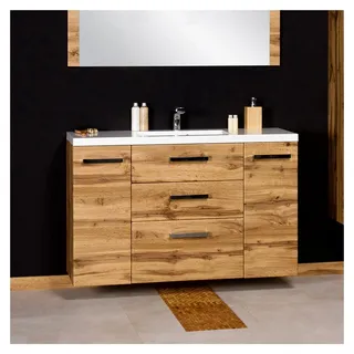 Waschplatzset Genua 120 cm, Waschtisch mit Unterschrank, Softclose-Schubladen, montierter Waschtischunterschrank, Eiche Natur
