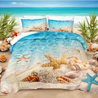 Bedbay Seestern Strand-Bettwäsche-Set, Ozean-Bettwäsche-Set, aquablau, Muschel, Strandwellen, Naturmuster, blaugrün, Tröster, Queen, 3-teilig (Aqua, Queen)