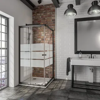 Schulte Duschkabine Sunny Eckeinstieg mit Schiebetüren, variabel von 75 - 90 cm, 180 cm, Montage auf Duschwanne oder Fliese, Profilfarbe Mattschwarz, 4 mm Sicherheitsglas (ESG) Dekor Depoli-light - Schwarz