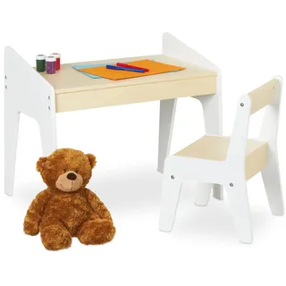 Relaxdays Kindersitzgruppe, Kindertisch Set, Tisch und Stuhl, Kindersitzkombination, für Jungen und Mädchen, beige-weiß