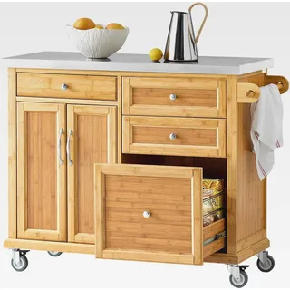Kücheninsel auf Rollen Servierwagen mit Rollen Küchenwagen mit Edelstahl-Arbeitsplatte Rollwagen mit Schubladen Barwagen für Küche, Esszimmer, Frühstücksbar Natur 115x92x46cm FKW70-N