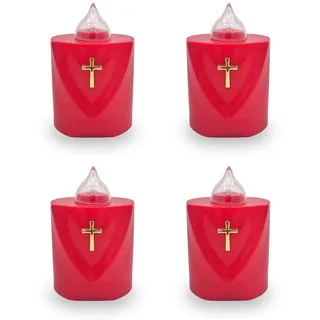 AROBA 4x LED Grabkerze Trauerlicht - Flackereffekt wie echte Kerze - lange Brenndauer bis 120 Tage - wiederverwendbar Friedhofskerze Gedenkkerze Dauerkerze - rot Heiliges Kreuz