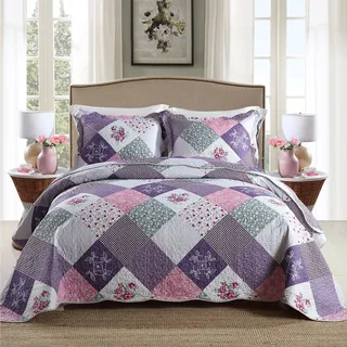 HoneiLife Bettwäsche-Set für King-Size-Betten, 3-teilig, Mikrofaser, wendbar, Patchwork-Bezüge, Blumen-Bettwäsche-Set, Ganzjahresdecke, kleine Rose, Lila