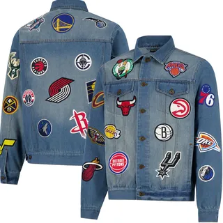 Ultra Game NBA Herren Jeansjacke Distressed Multi-Team Denim Patch, Herren, Men's Distressed Denim Multi Team Patch Jean Jacke, Denim, Medium