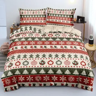 Luowei Bettwäsche Weihnachten 220x240 Rot Grün Beige Weihnachten Bettwäsche Weich Christmas Bettbezug Set 3 Teilig für Jugendliche Jungen Kinder mit Reißverschluss und 2 Kissenbezüge 80x80 cm