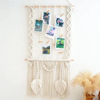 lomonmen Makramee Wandbehang,Fotowand Bilderrahmen Collage,Boho Wanddeko Bilderwand,Boho Deko Foto Hängendes mit Holzklammer für Wohnkultur,Schlafzimmer,Hochzeitsfeier