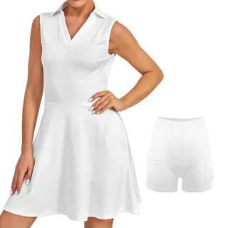 Bezioner Tenniskleid Damen mit Hose Sportkleid Frauen Ärmellos Golfkleid Damen mit Taschen Tennis Outfit Weiß XL