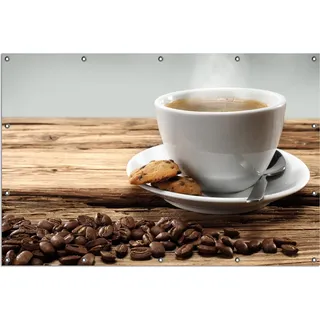 Wallario Outdoor-Poster für Garten oder Balkon, Motiv Heiße Tasse Kaffee mit Kaffeebohnen, in ca. 120 x 180 cm - Braun