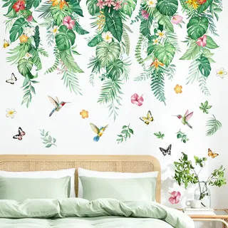 Supzone Wandtattoo Hängende Pflanzen Tropische Blätter Wandaufkleber | Hängende Grün Palmen Blätter Vögel Wandsticker fur Schlafzimmer Wohnzimmer Sofa Flur Wanddeko
